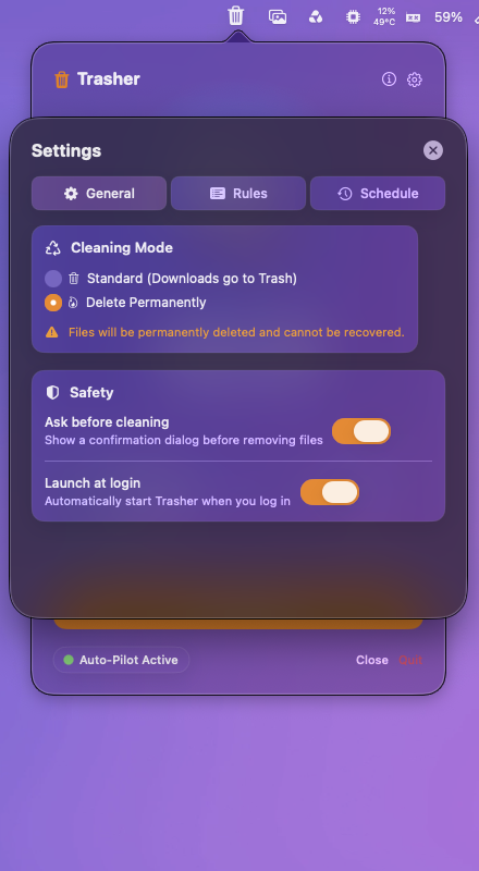 Trasher settings — cleaning mode, safety toggles and login item